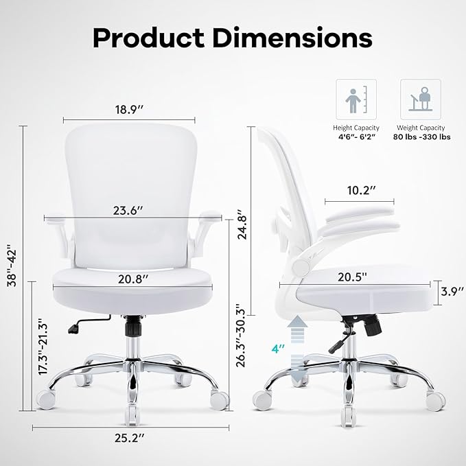 Office Chair,Ergonomic Mesh Desk Chair with Adjustable Lumbar Support,Computer Chair with Flip-up Armrests, Rolling Executive Chairs, Home Office Chair(White)
