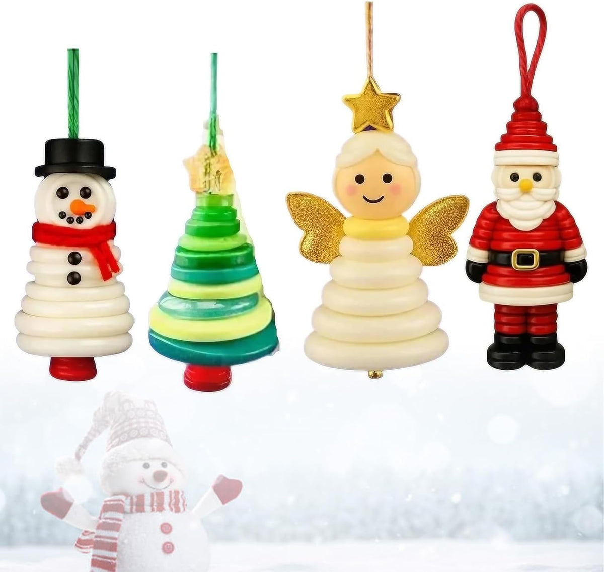 4pcs Button Christmas Tree Ornament Kits, Fun Holiday Decorations for All Ages, DIY Craft Buttons Kit with Christmas Snowman/Santa/Angel, Gifts for Xmas Tree Hanging Decorations (4PCS)