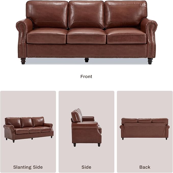 Kingfun Mid-Century Modern Couch, Faux Leather Sofa, 3 Seater Couch for Living Room with Rolled arms & Nailhead Trim, Dark Coffee