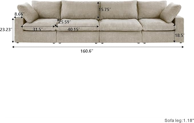 160.6" Cloud Modular Sectional Sofa with Thick Cushion, Wide 4-Seater Minimalist Sofa Couch,Convertible Couch Deep Seat Couches for Modern Living Room Sets (Khaki, 4 Seater)