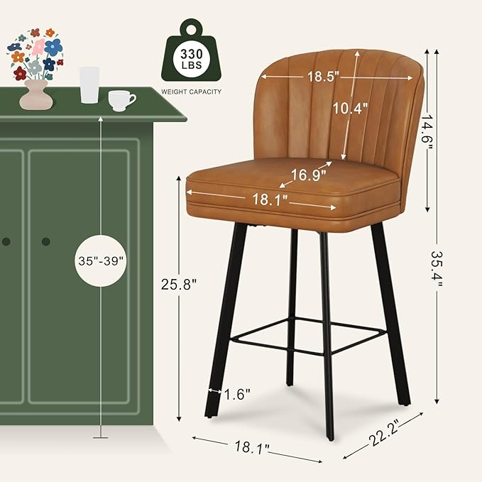 Swivel Counter Height Bar Stools Set of 4, 26'' Modern Barstools with Backs and Metal Legs, Upholstered Bar Chairs, Faux Leather Whiskey Brown Stools for Kitchen Island Chairs