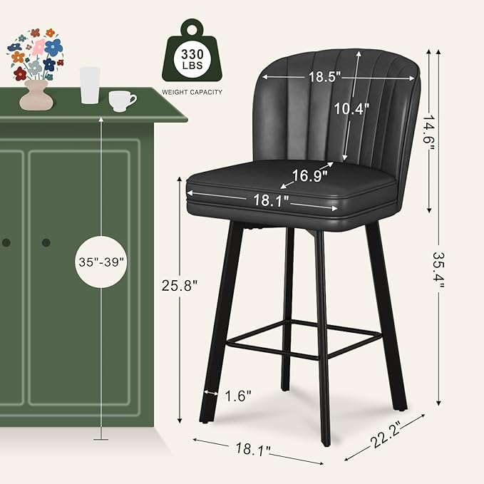 Swivel Counter Height Bar Stools Set of 3, 26'' Modern Barstools with Backs and Metal Legs, Upholstered Bar Chairs, Faux Leather Black Stools for Kitchen Island Chairs