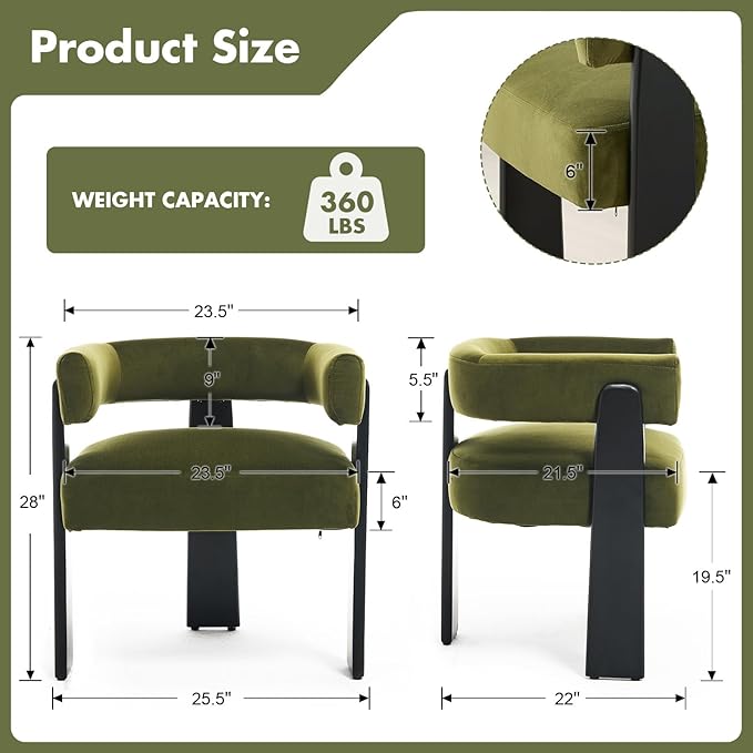 Modern Dining Chairs Set of 2, Upholstered Velvet Barrel Accent Chairs with Backrest & Arms, Wide and Thicker Padded Kitchen Side Chair with Wooden Legs for Dining Room, Livingroom, Dark Green