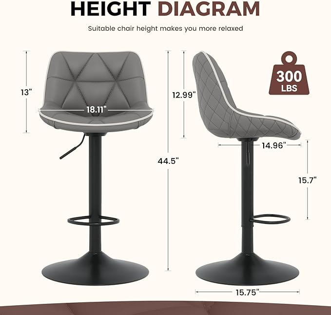 Nalupatio Bar Stools Set of 4, Adjustable Swivel Counter Height Bar Stools with Back, Armless Modern Barstools for Kitchen Island & Home Bar, Upholstered Seat,（Grey）