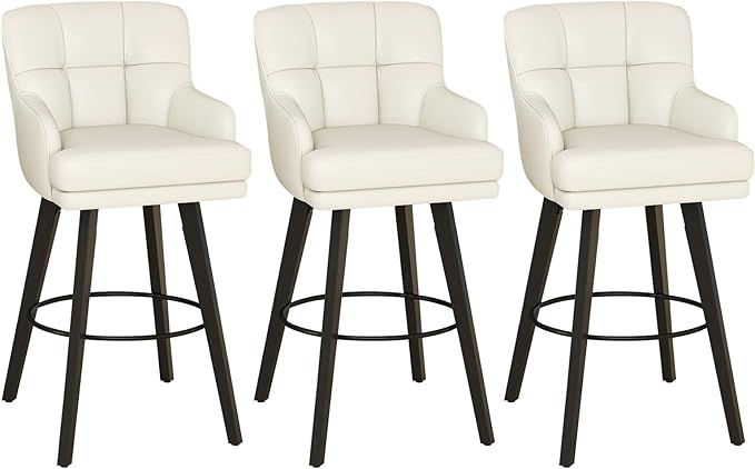 360°Swivel Counter Height Bar Stools with Back, 30 inch Solid Wood Legs, Bar Stool Modern Kitchen Island Chairs, Faux Leather (Beige- Faux Leather, 30" H- Set of 3)