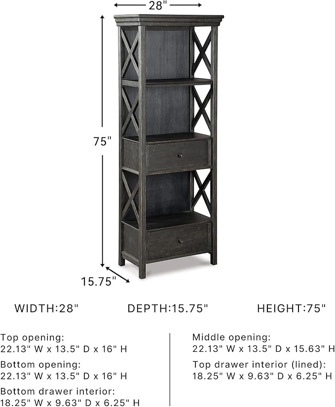 Signature Design by Ashley Tyler Creek Casual Farmhouse 75" Display Cabinet or Bookcase with Drawers and Shelf, Open Lattice Sides, Wood, Gray Black Finish