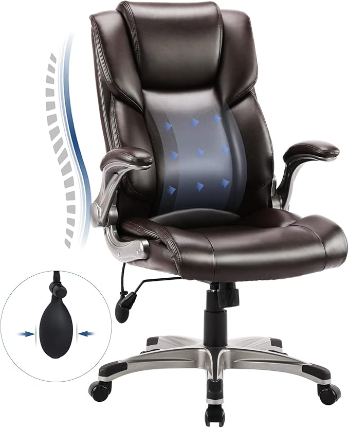 COLAMY High Back Executive Office Chair- Ergonomic Home Computer Desk Leather Chair with Padded Flip-up Arms, Adjustable Tilt Lock, Swivel Rolling Chair for Adult Working Study-Brown