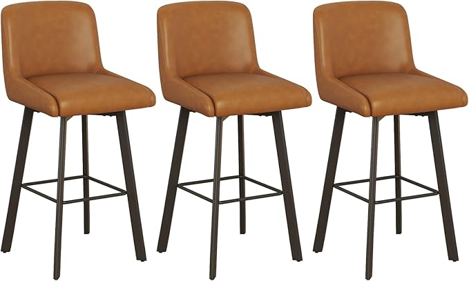 Swivel Counter Height Bar Stools Set of 3, 29''H Upholstered Barstools with Backs, Modern Bar Stool Chairs for Kitchen Island, Metal Legs, Faux Leather, Whiskey Brown Stools Counter Chair