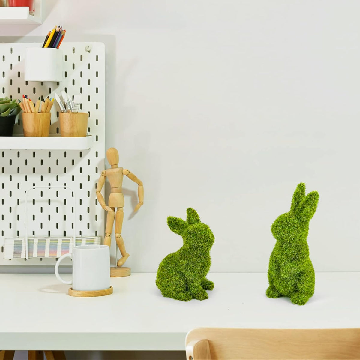 Easter Bunny Decorations,Resin Moss Bunny Figurine,Garden Artificial Moss Rabbit Easter Décor Party Favors Gifts(Medium Stand)