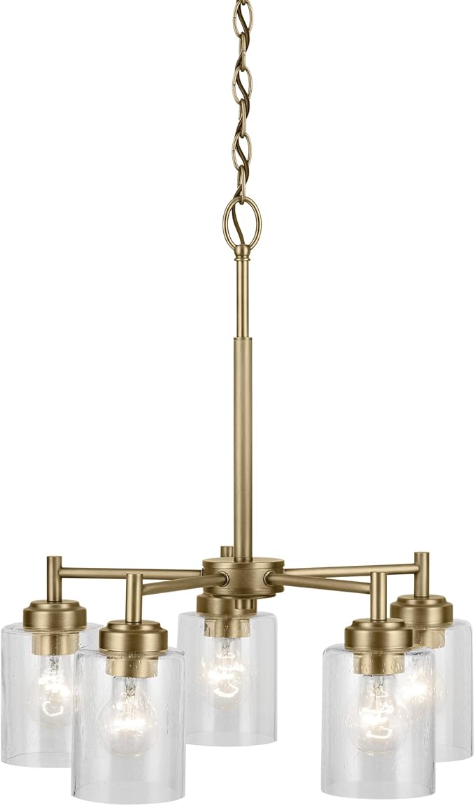 KICHLER Winslow 16.25" 5-Light Chandelier with Clear Seeded Glass in Natural Brass for Kitchen or Dining Area, Luxe Industrial (16.25" x 19.75"), 44030NBR