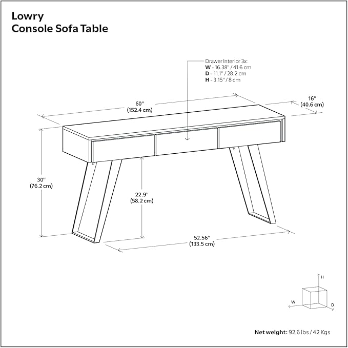 SIMPLIHOME Lowry Console Table - 60 Inch Wide Solid Walnut Veneer and Metal Sofa Table, Modern Industrial Storage Table for Entryway or Living Room with 3 Drawers and Angled Metal Legs