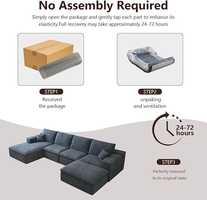 136.6'' U-Shaped Modern Modular Sectional Cloud Couch Whit Ottoman, 4-Seat Chenille Deep-Seat Sofa with Pillow for Living Room, Bedroom, Apartment, Ocean Blue
