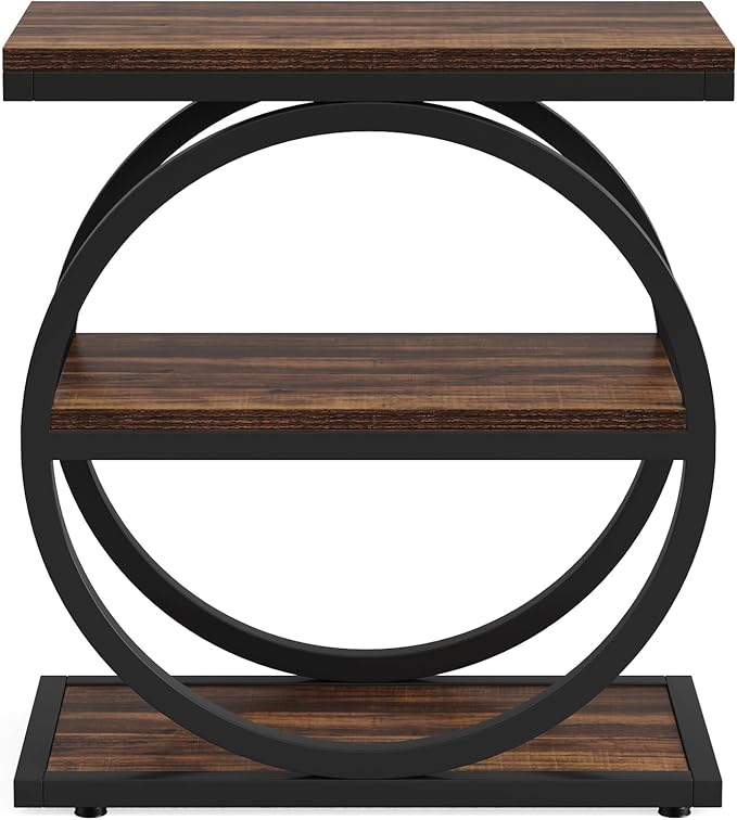 LITTLE TREE 3-Tier End Table, Industrial Side Table with Storage Shelves, Small Sofa Side Table for Living Room, Wooden Side End Table with Double Round Metal Legs