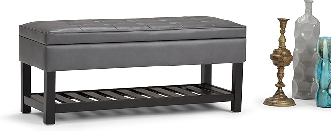 SIMPLIHOME Cosmopolitan Storage Ottoman Bench - 44 inch Wide Upholstered Vegan Leather Rectangle Storage Ottoman in Stone Grey, Transitional Bench for Bedroom with Tufted Lift-Top and Open Shelf