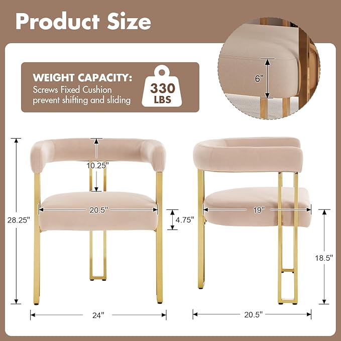 Velvet Dining Chairs Set of 6, Khaki Upholstered Barrel Armchairs with Gold Metal Legs for Kitchen Island, Mid Century Modern Accent Side Chairs for Dining Room and Living Room, Open-Back