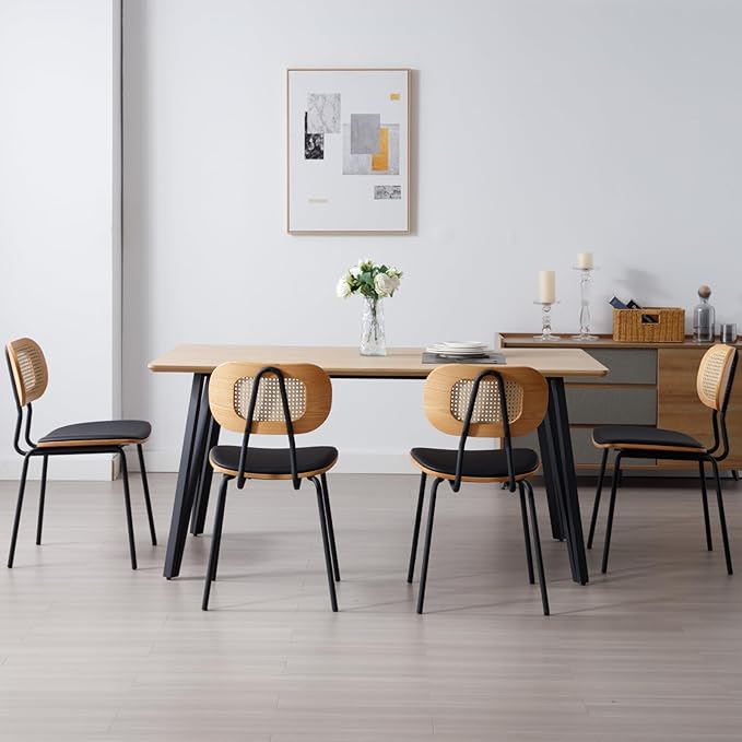 Mid-Century Modern Rattan Cane Back Dining Chairs Set of 2 — PU Leather Upholstered Seat, Black Metal Legs, Kitchen Side Chairs for Kitchen & Dining Room, Black