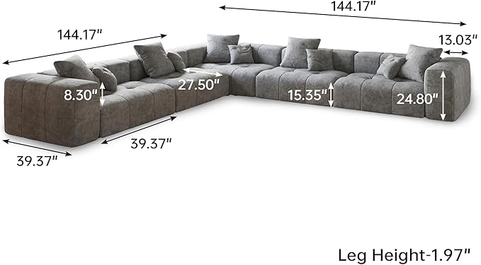 JACH V-Shaped Modular Sectional Sofas for Living Room, Modern Cloud Couch, Mid Century Modern Modular Sofa, Cozy Sleeper Sofa for Living Room (Linen Fabric, Grey)