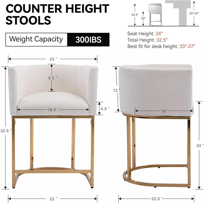 Contemporary Cream Velvet Bar Stool, 24" Upholstered Fabric Counter Height Barstool Kitchen Counter Island Stool with Screwed Together Golden Metal Base