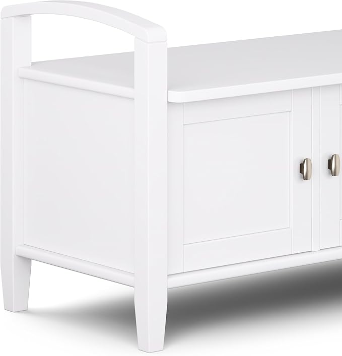 SIMPLIHOME Warm Shaker Entryway Storage Bench - 44 inch Wide Solid Wood Storage Seat in White, Transitional Bench Seat for Mudroom or Living Room with Lift-Up Lid and Shaker-Style Panels