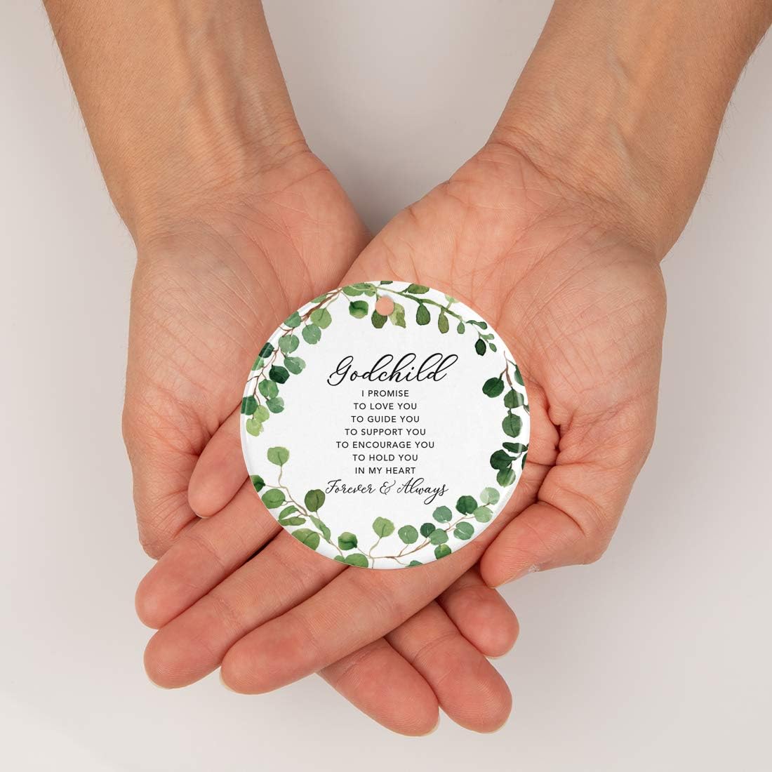 Andaz Press Round Ceramic Porcelain Christmas Tree Ornament Keepsake Collectible Gift, Godchild I Promise to Love You, Farmhouse Eucalyptus Wreath, 1-PackBaby Shower Baptism Christening Gift Ideas