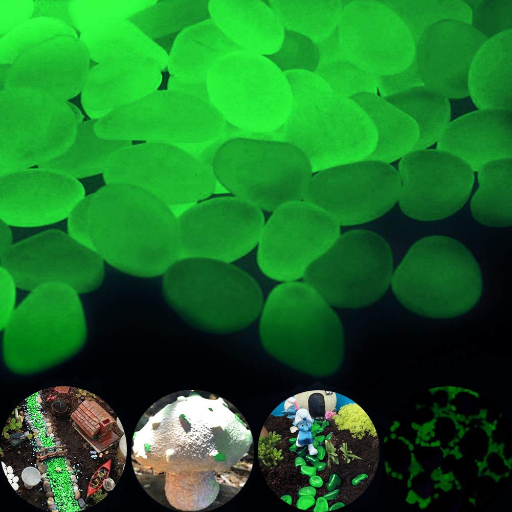 Glow Pebbles Green, 480 pcs Green Glowing Rocks for Outdoor Decor, Garden Lawn Yard, Aquarium, Walkway, Fish Tank, Pathway, Luminous Pebbles Powered by Light or Solar-Recharge Repeatedly