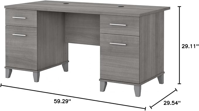 Bush Furniture 60-inch Home Office Desk with Drawers, Large Computer Table with Storage, Transitional Style, Somerset Collection, Platinum Gray