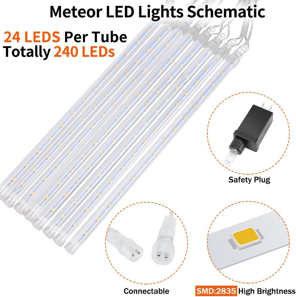 Christmas Meteor Shower Rain Lights, 10 Tube 12 Inch 240 LEDs Icicle Outdoor Raindrop for Xmas Halloween Wedding Party Tree Holiday Decoration, Colorful