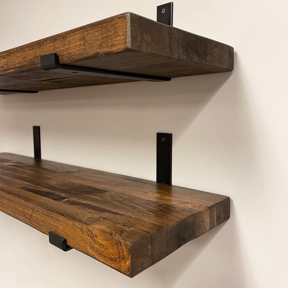 Rustic Shelves with J-Brackets Set of 2, Industrial Shelf, Kitchen Shelves, Solid Wood, Decorative Wall Storage, Heavy Duty, URBANDI (Provincial, 12Wx12D)