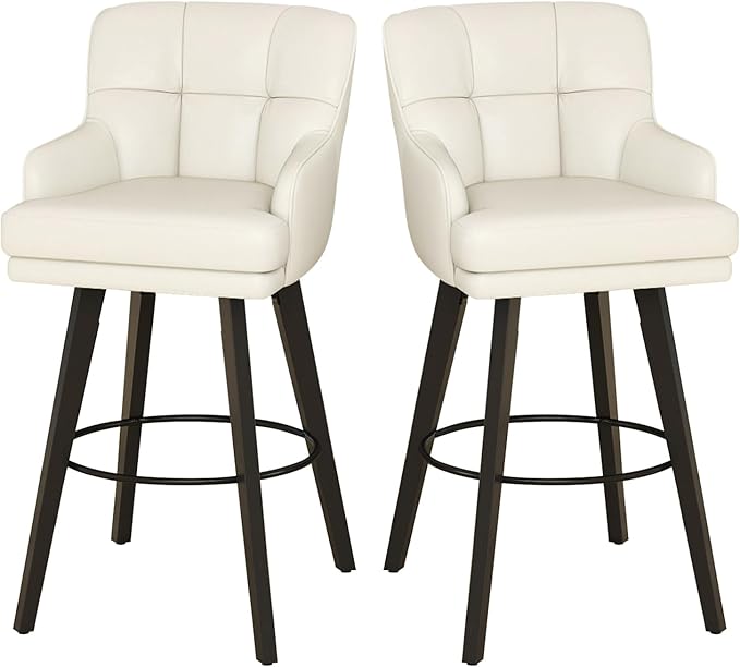360°Swivel Counter Height Bar Stools with Back, 30 inch Solid Wood Legs, Bar Stool Modern Kitchen Island Chairs, Faux Leather (Beige- Faux Leather, 30" H- Set of 2)