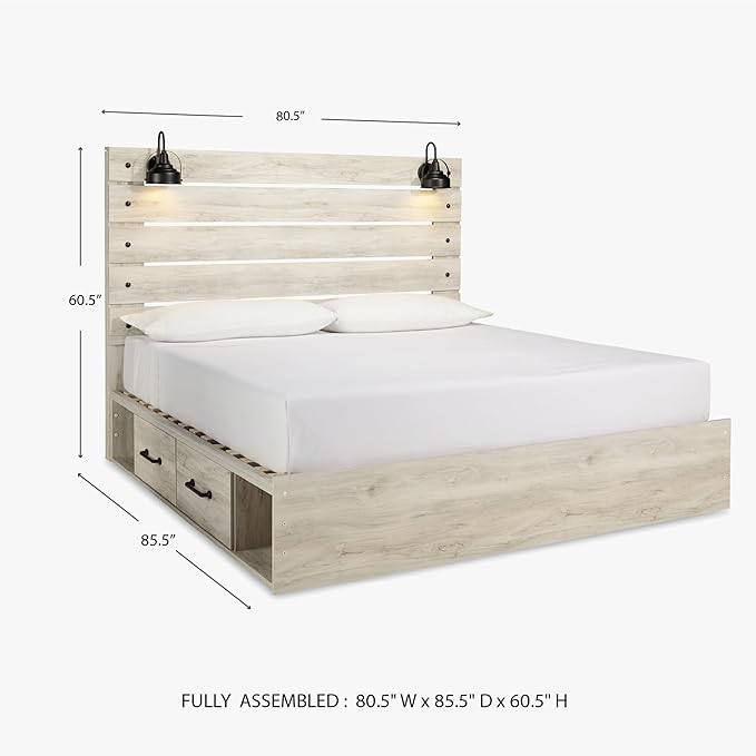 Signature Design by Ashley Cambeck Farmhouse King Panel Platform Bed with 2 Storage Drawers, Cubbies, Sconce Lights and USB Ports, Foundation or Box Spring Not Needed, Whitewash