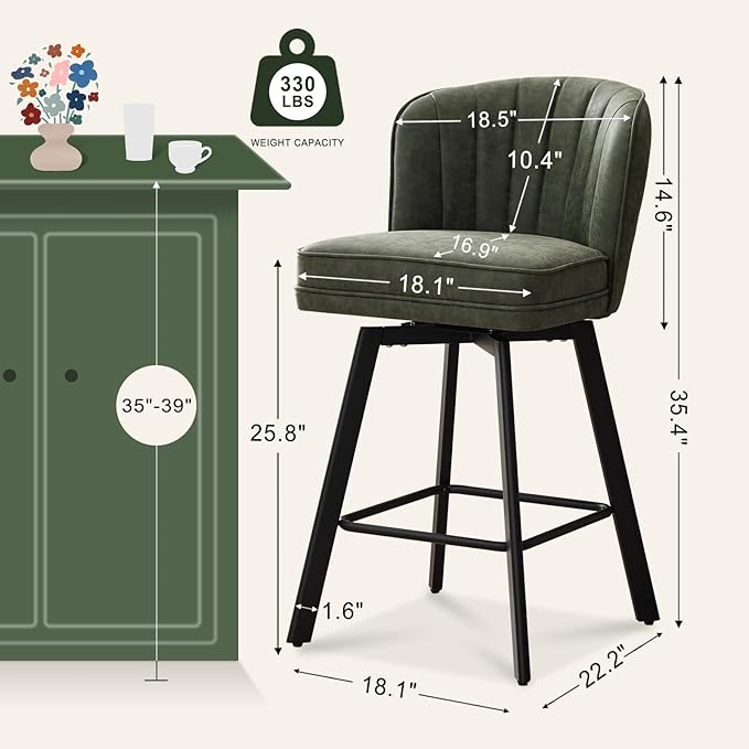 Swivel Counter Height Bar Stools Set of 2, 26'' Modern Barstools with Backs and Metal Legs, Upholstered Bar Chairs, Faux Leather Green Stools for Kitchen Island Chairs
