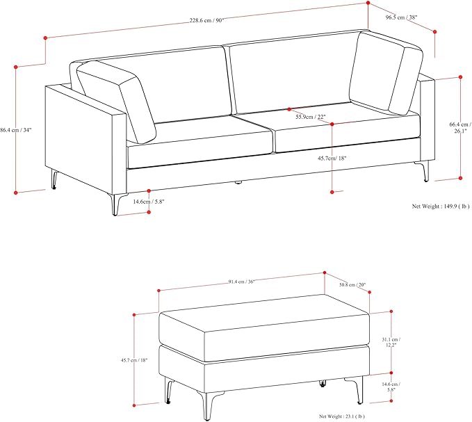SIMPLIHOME Ava Sofa and Ottoman in 100% Recycled Polyester Performance Fabric, Pebble Grey, 90-inch-Wide 3-Seater Couch and Matching 36-inch-Wide Table Ottoman for Living Room, 2-Piece Set