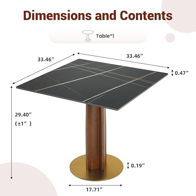 Sintered Stone Square Office Table - Meeting Desk for Small Offices (Walnut‌ Leg and Black Top, 1 Table Only)