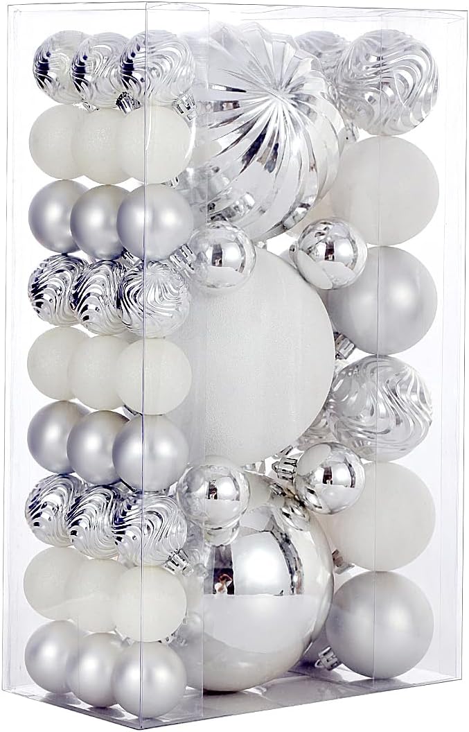 Christmas Ball Ornaments for Xmas Decorations,50 pcs Christmas Extra Large Tree Shatterproof Ornaments-Silver (Combo of 5 Style in 3 Sizes)