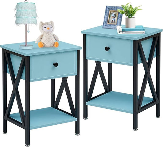 VECELO End Tables, Modern Nightstand with Drawer & Shelf, Night Stand for Bedroom Living Room,Industrial Metal Frame