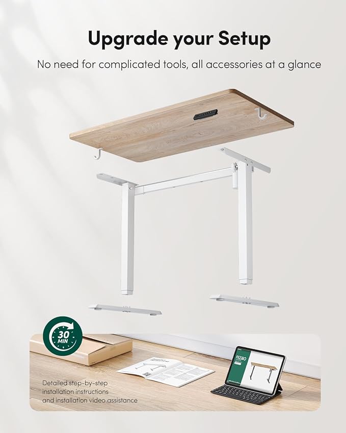 FEZIBO One-Piece Standing Desk Adjustable Height Stand up Home Office Desk, 48x24 Inch Electric Standing Computer Desk, with 4 Memory Presets, Headphone Hook, Maple