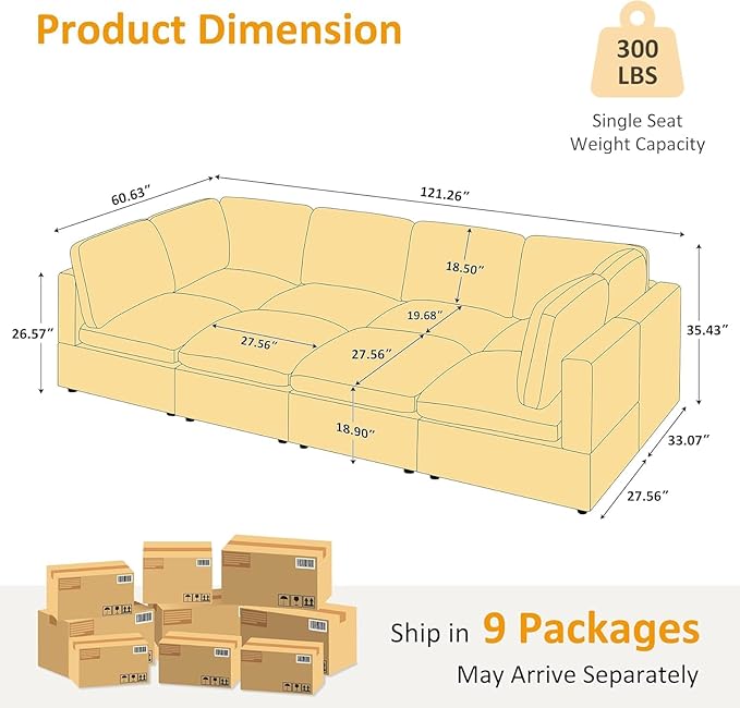 VANOMi Modular Sectional Sofa, Convertible Sofa Couch Modular Sofa with Ottoman, Sleeper Sofa Bed Sectional Sofas for Living Room Small Apartments