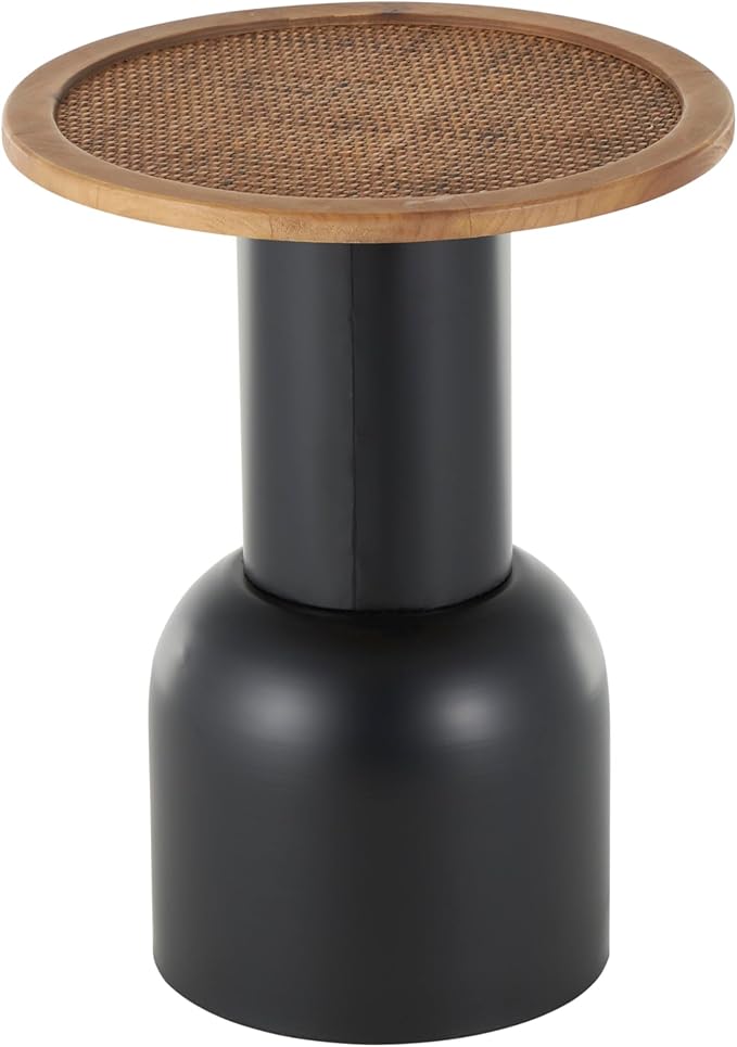 Deco 79 Metal Handmade Side End Accent Table Pedestal End Table with Brown Rattan Tabletop, Side Table 16" x 16" x 20", Black