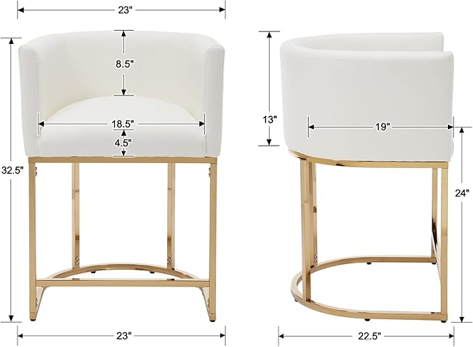 PU Leather Bar Stools, Modern Upholstered Counter Height Bar stools 24" Leather Barstools Barrel Kitchen Counter Island Stools with Golden Metal Base, White