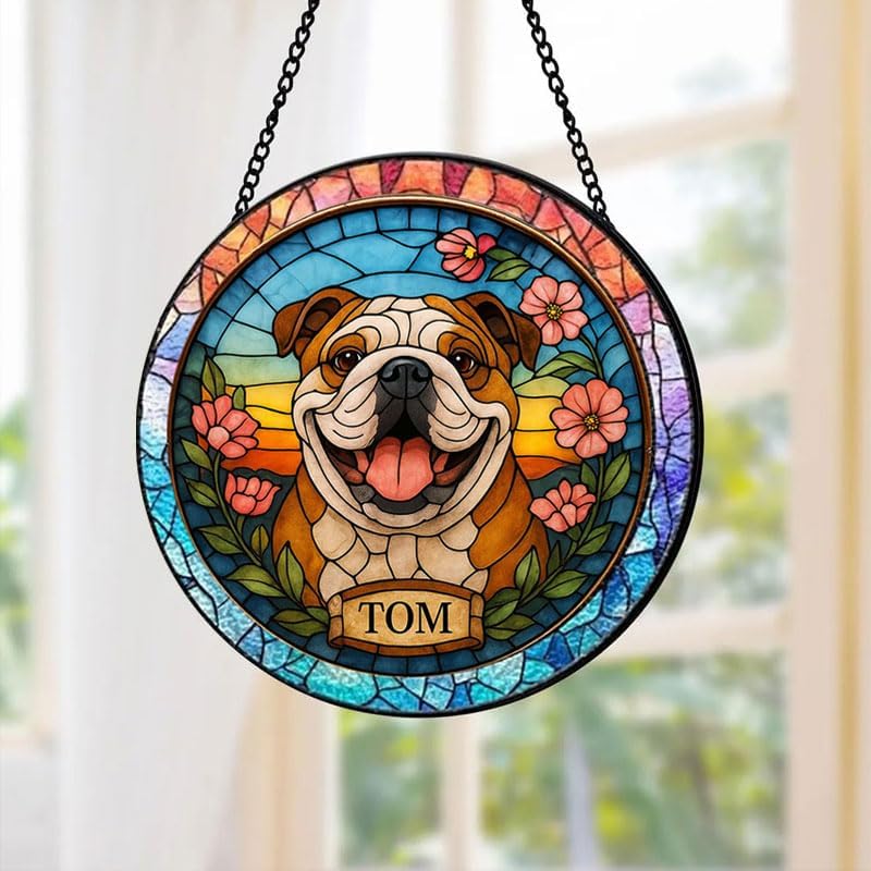 Custom Stained Glass with Pet Portrait & Name, Personalized Window Hanging, Pet Loss Memorial Gift, Dog Lover Keepsake, Unique Home Decoration for Dog Mom & Dad