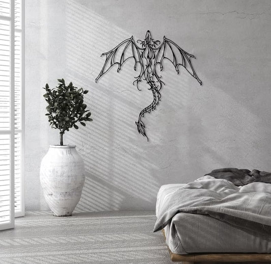 Dragon Metal Wall Art | Legendary Fantastic Dragon Wall Decor | Mythologic Wall Hanging | Man Cave Decorative | Mythic Wyvern Sculpture for Living Room Bedroom Game Room (Black - 23.6'' x 22.7'' / 60