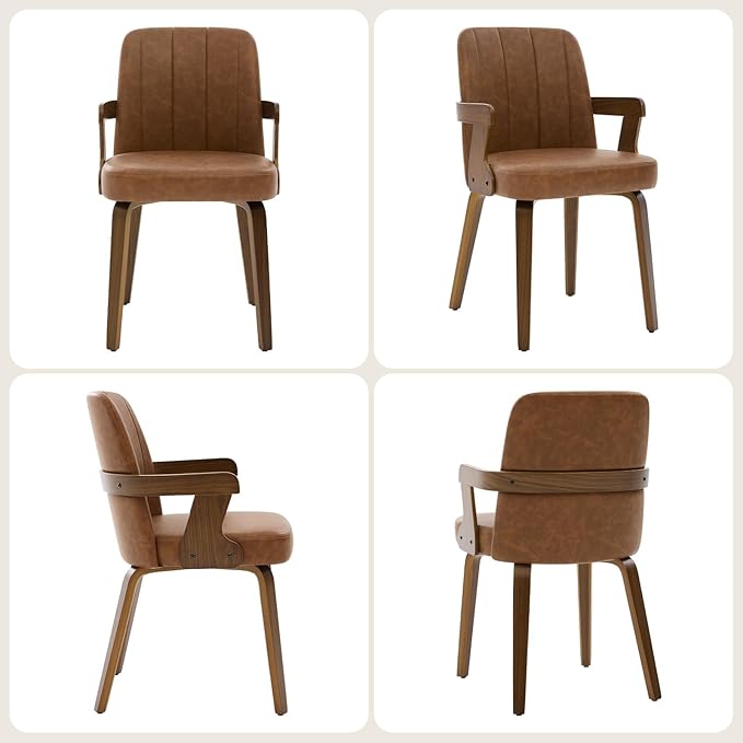 Kitchen Dining Chairs Set of 2, Faux Leather Upholstered Dining Room Chairs with Wood Arms and Legs, Mid Century Modern Kitchen Side Chair for Living, Bedroom, Restaurant, Walnut/Brown