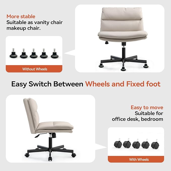 EMIAH Armless Office Desk Chairs Criss Cross Chair with Wheels Mid-Back Ergonomic Home Office Computer Chair Comfortable Thickened Cushion Adjustable Swivel Task Chair with Genuine Leather