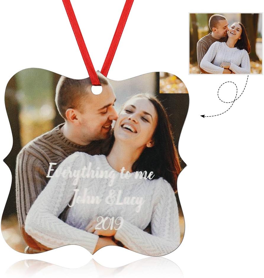 Gemszoo Personalized Picture Christmas Ornament, Custom Double Sided Photo Text Wooden Hanging Xmas Tree Keepsake Pendant Decoration Gift for Family (1, Flower Square)