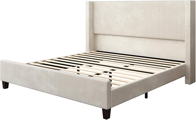 HOWE California King Size Upholstered Platform Bed Frame, Wingback Bed with 50.8" Headboard, Corduroy/Solid Wood Leg/No Box Spring Needed/Noise Free Sturdy Structure/Cream