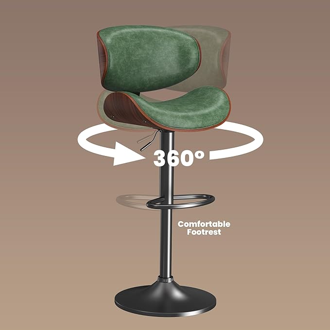 Bar Stools Set of 2, Bar Stools for Kitchen Island with Bentwood Back and Leather Seat, Green