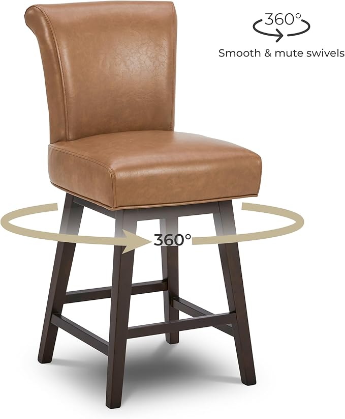 CHITA 26 Inch Counter Height Swivel Bar Stools Set of 2, FSC Certified Modern Upholstered Faux Leather Swivel Barstool Chair with Back, Saddle Brown