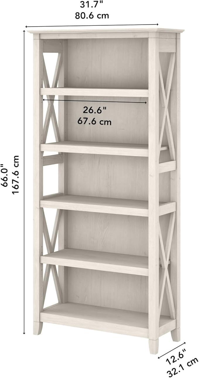 Bush Furniture Tall 5 Shelf Bookcase for Living Room or Home Office, Large Bookshelf, Modern Farmhouse Style, Key West Collection, Linen White Oak