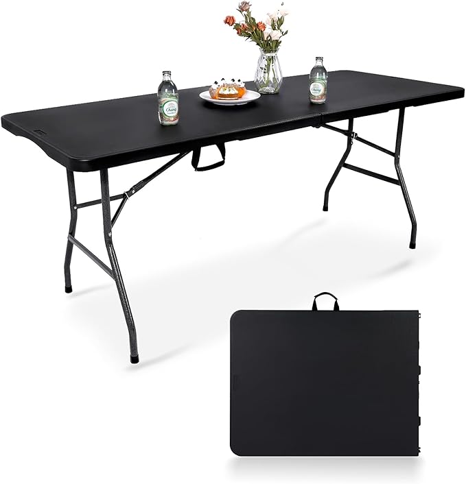 Folding Table 6FT HDPE 6 Foot Foldable Table Portable Banquet Surface Fold-in-Half Desk Utility for Working Meeting Parties, Picnic, Camping, Weddings, Catering, Garden Dining-Black