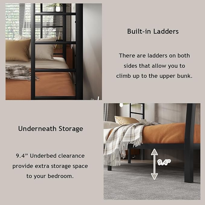Bellemave Full XL Over Queen Bunk Bed for Adults, Full XL Over Queen Bunk Bed Frame with 2 Ladder and Full Length Guardrail, Easy Assemble, Mattress Not Included, Black